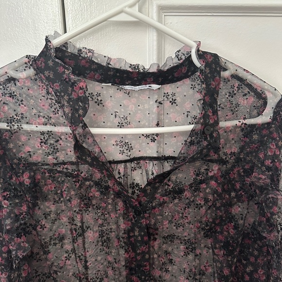 Zara Sheer Floral Black Blouse with Ruffles Size Medium Womens - Picture 5 of 16